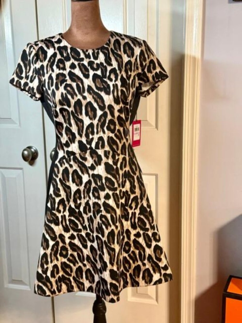 NWT Vince Camuto Leo Leopard Fit Flare Dress Black Side Panels 6P